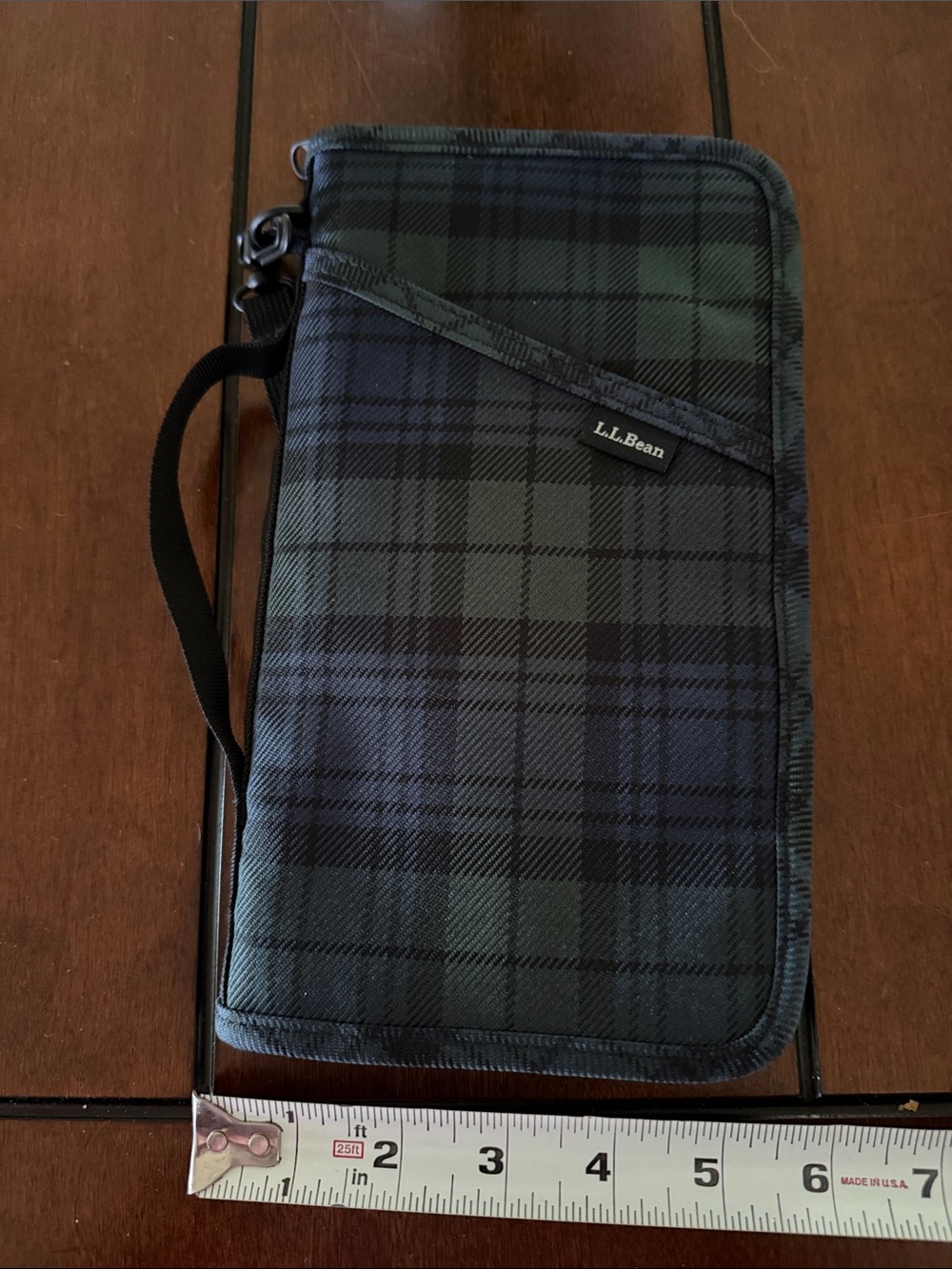 L.L. Bean Black and Dark Green Plaid Travel Wallet